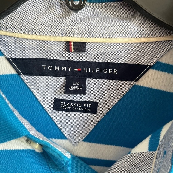 Men’s Blue And White Striped Tommy Hilfiger Short Sleeve Classic Fit Polo Size L - Picture 3 of 5